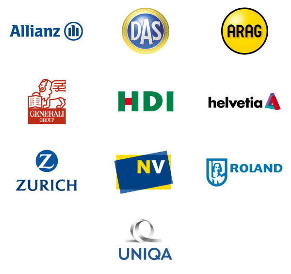 Logos D.A.S. Rechtschutz, ARAG, Niederösterreichische Versicherung, Generali, Roland Rechtsschutz, Zürich Versicherung, Helvetia, Allianz, UNIQA